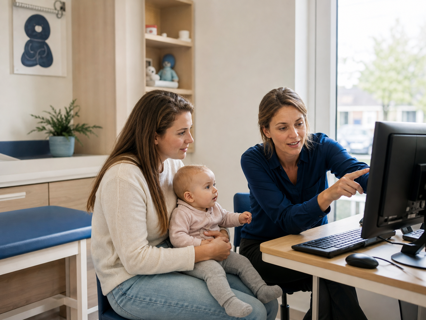 Een jeugdarts geeft een moeder met haar baby uitleg via de computer in het consultatiebureau