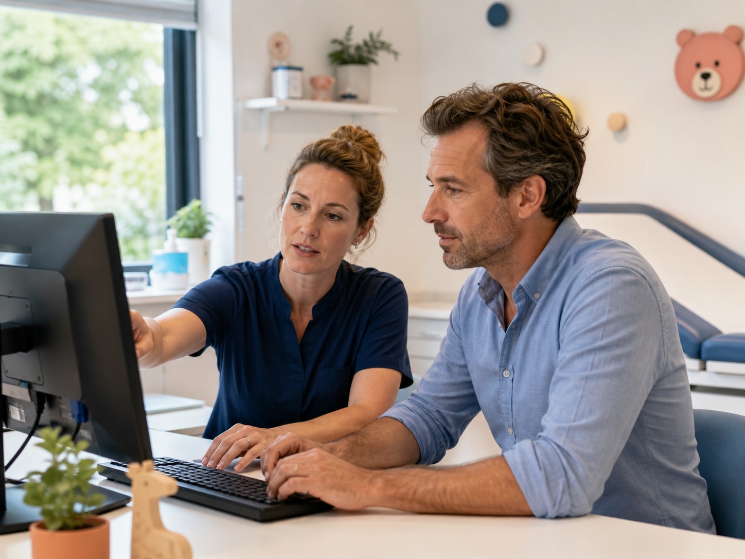 Een jeugdverpleegkundige en jeugdarts selecteren samen passende informatie op een computer