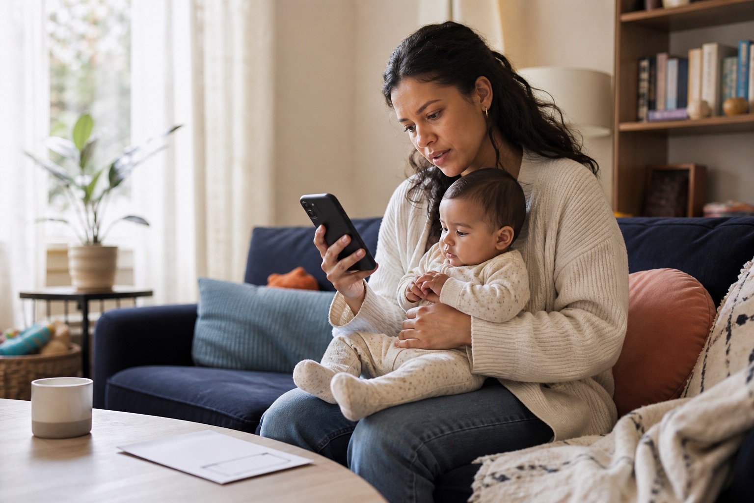 Een moeder bekijkt met haar baby gezondheidsinformatie op haar telefoon