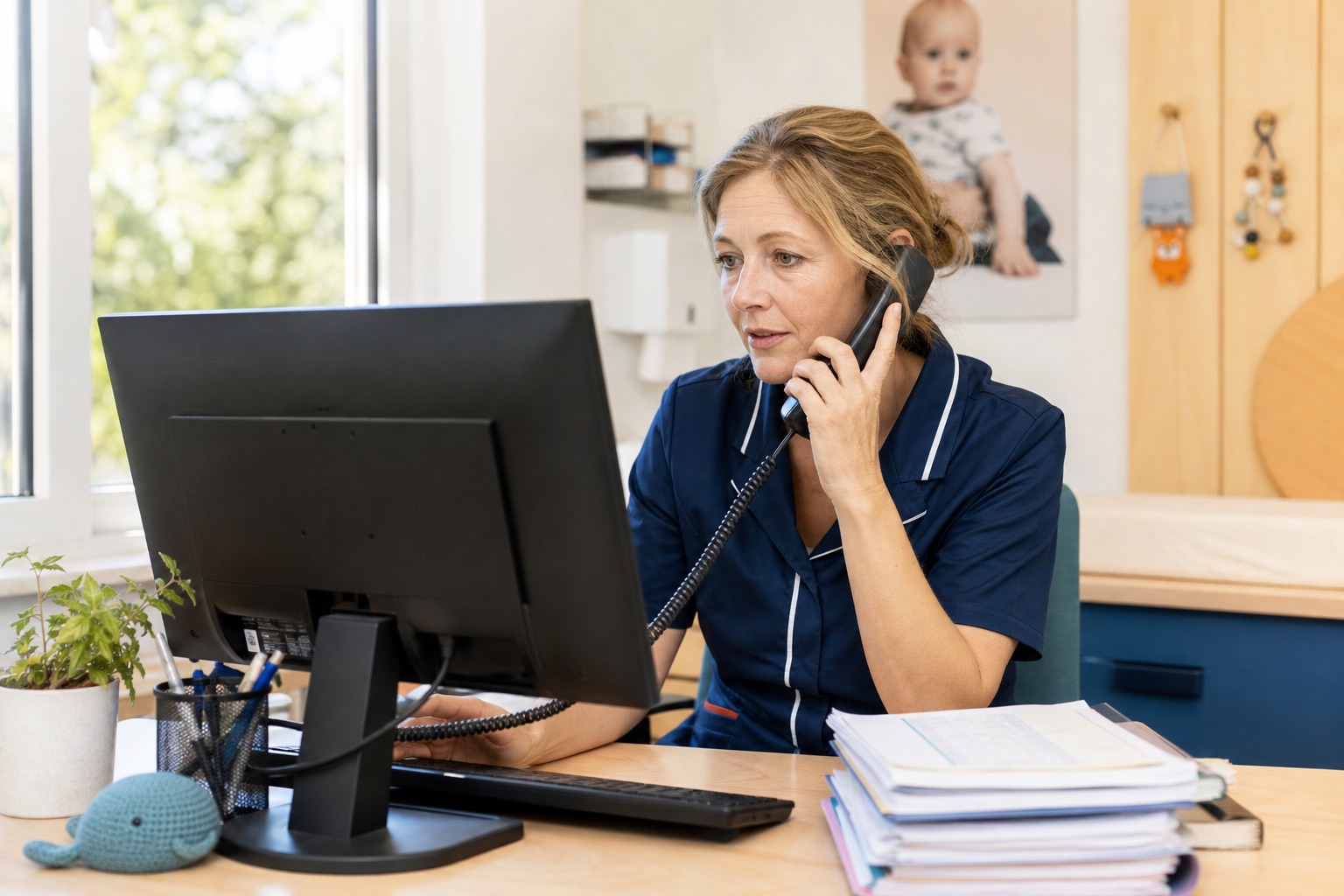 Een jeugdverpleegkundige beantwoordt een telefoontje achter haar computer