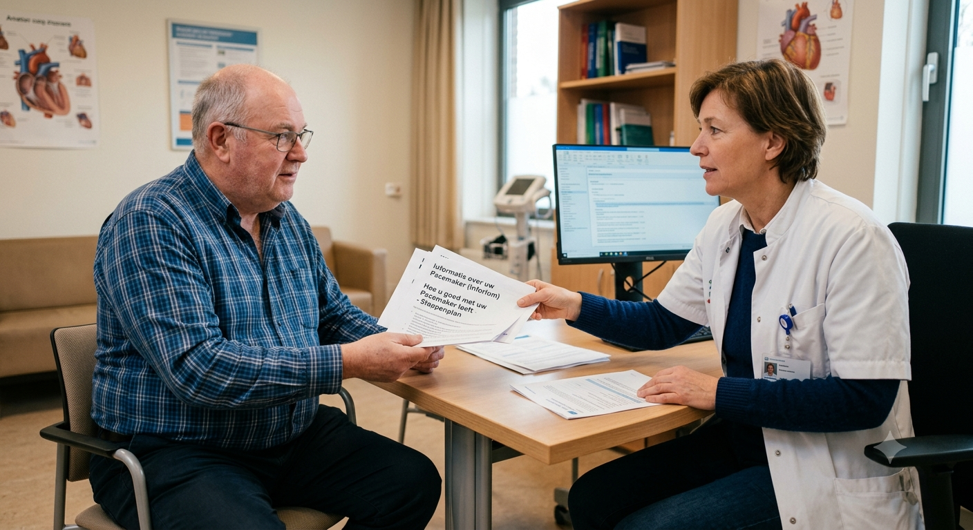 Harry krijgt uitleg over zijn pacemaker op papier